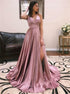 A Line Spaghetti Straps V Neck Pink Pleats Prom Dresses Long Split LBQ1867